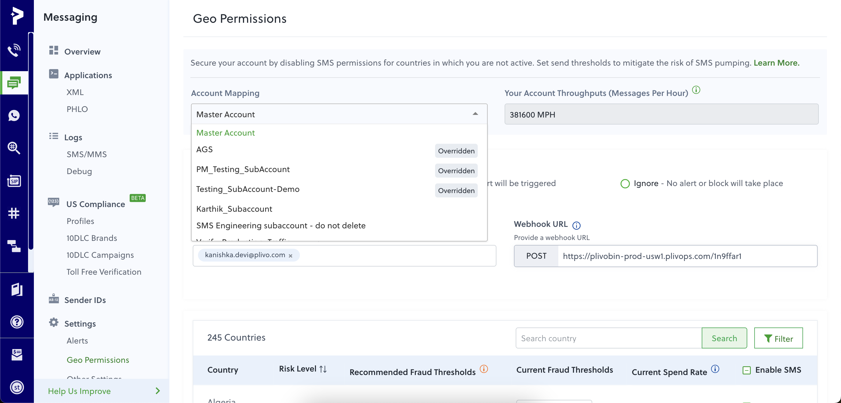 Subaccounts Geo Permissions